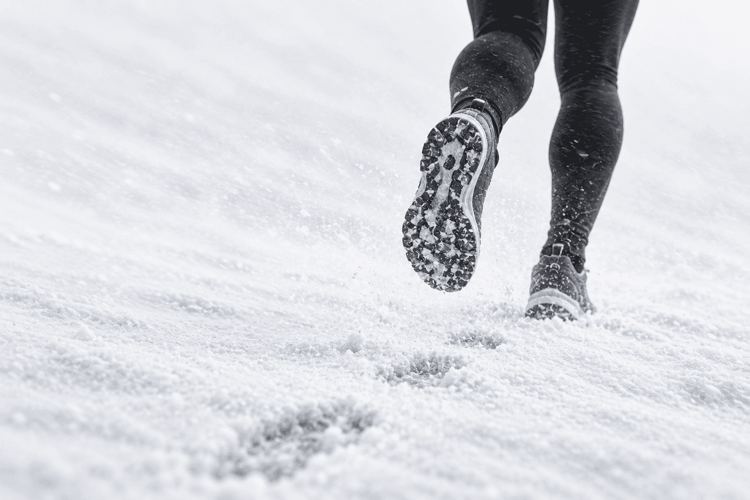 A close view from behind of running shoes pressing through fresh snow.