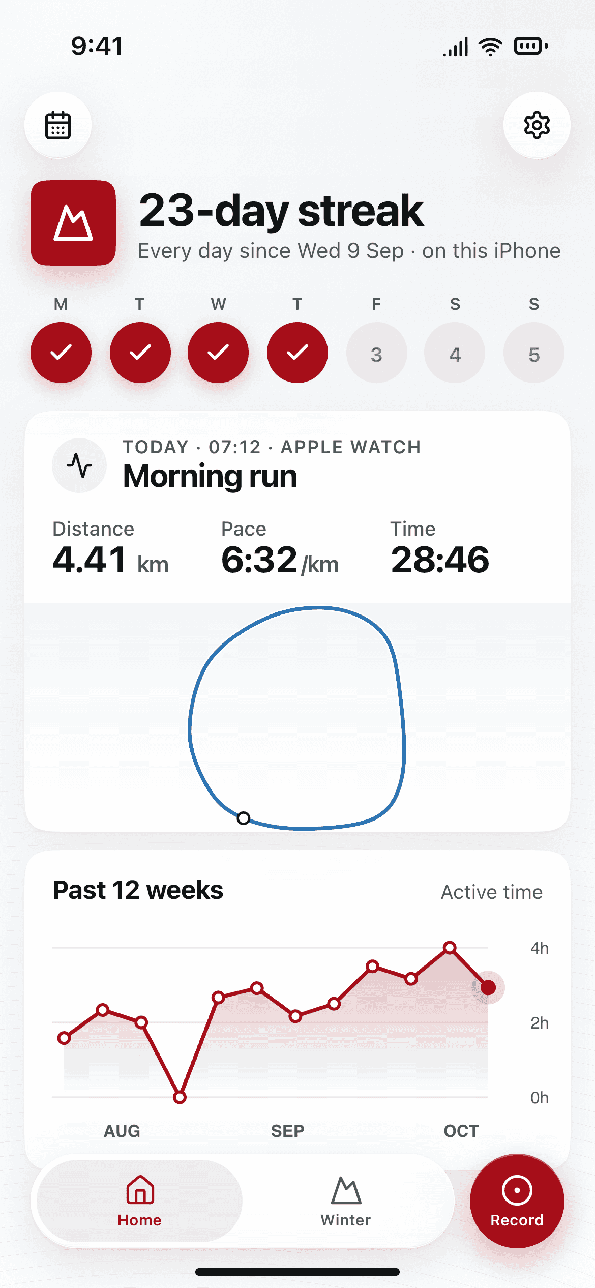 The Home screen in Winterlamb, with example data.