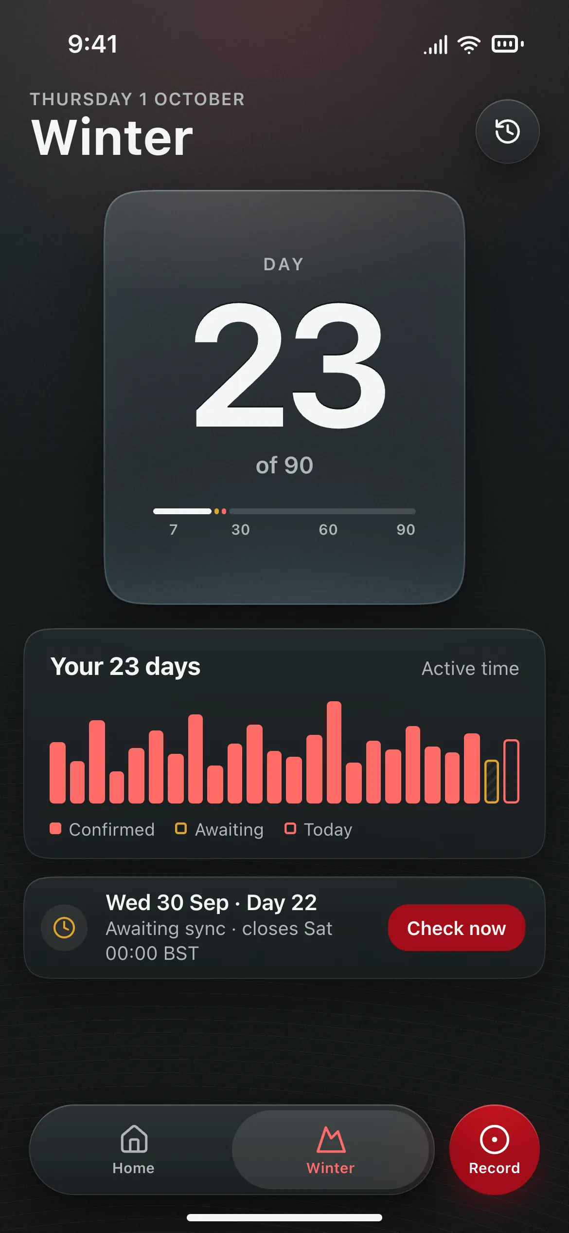 The Winter screen in Winterlamb, showing Day 23 of 90 with example data.